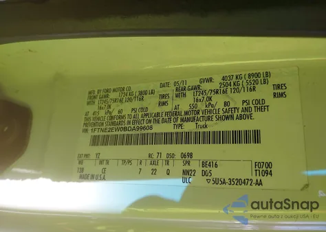 2011 Ford E-250 Commercial из США, поврежденный, VIN 1FTNE2EW0BDA99608